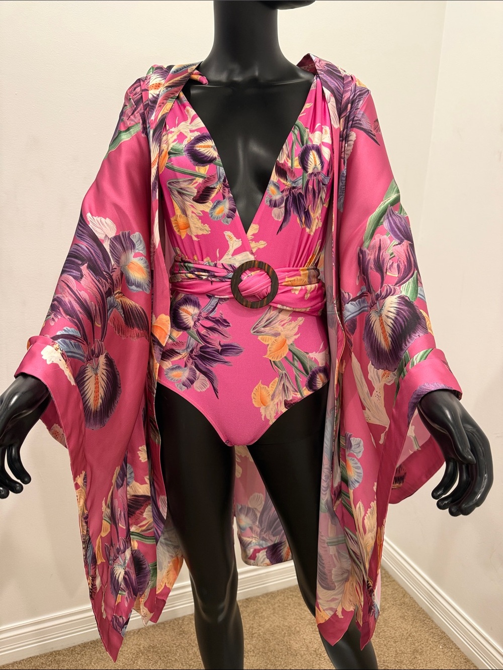 PatBO Iris Print Swimsuit & Matching Kimono Set Pink Resort Beachwear S NWT